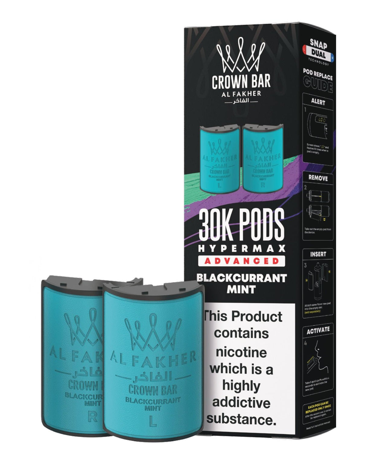 Al Fakher Crown Bar 30K Hypermax Refills Pods - Box of 5 Available In Blackcurrant mint Flavour 
