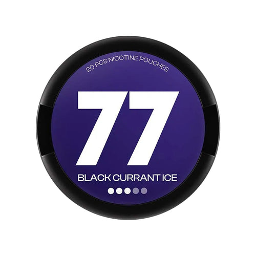77 Black Currant Ice nicotine pouch pack with 10.4mg strength and 20 pouches shown on the lid.