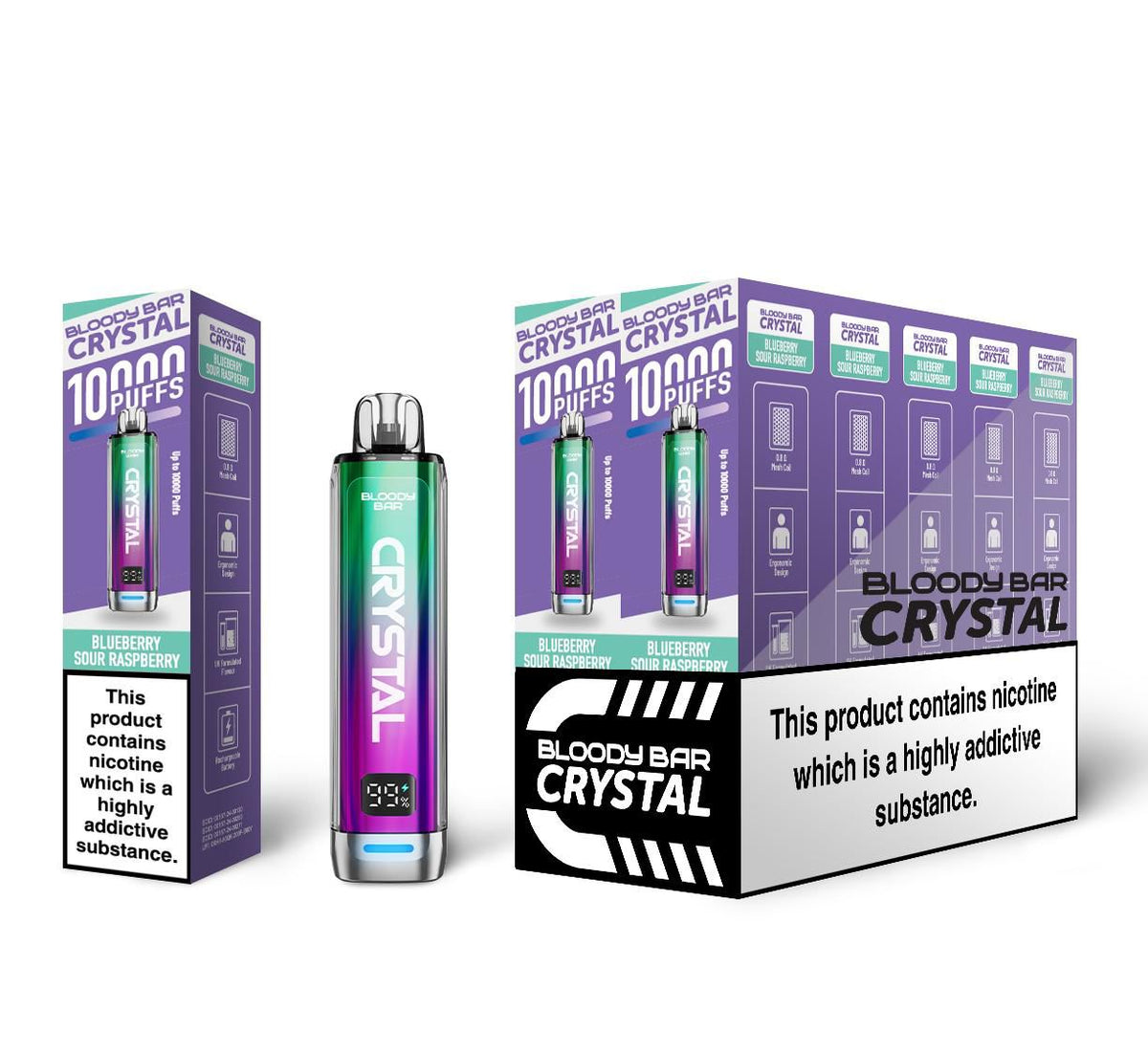 Bloody Crystal 10K Prefilled Pod kit featuring Box of 10 of flavour Blueberry Sour Raspberry
