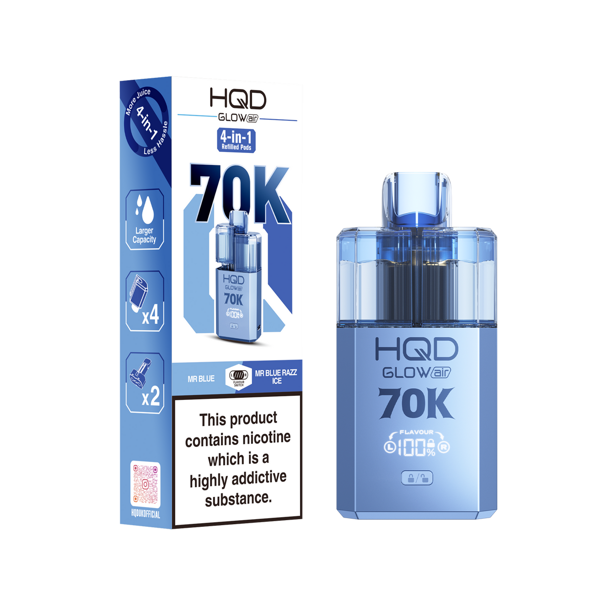 HQD Glow Air 70K Puff Prefilled Pod Vape kit - Box of 5