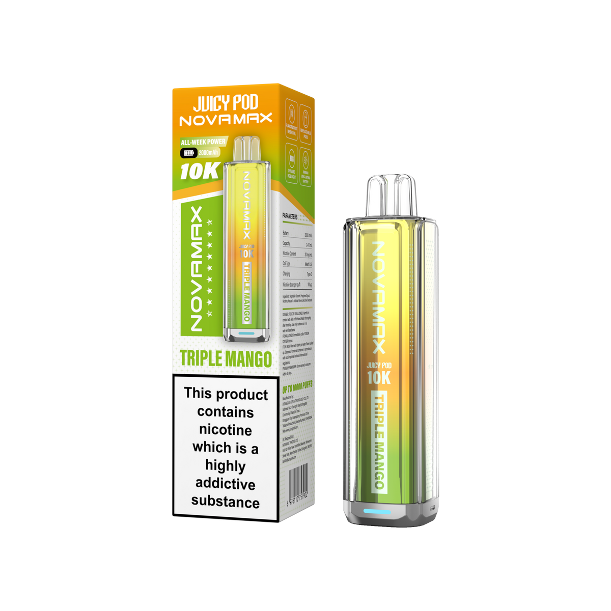 Juicy Pod Novamax 10k Prefilled Pod Vape Kit - Pack of 5 available in Triple Mango Flavour 
