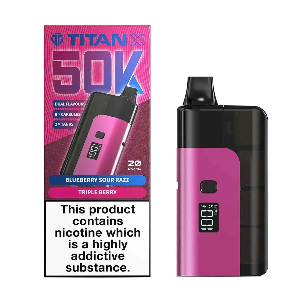 Titan X 50K Prefilled Pod Kit Box of 5, Blueberry Sour Razz Flavour