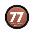 77 Vanilla Tobacco nicotine pouches, 10.4mg strength, 20 pcs, in a round black and brown container. Focus on the brand and strength.
